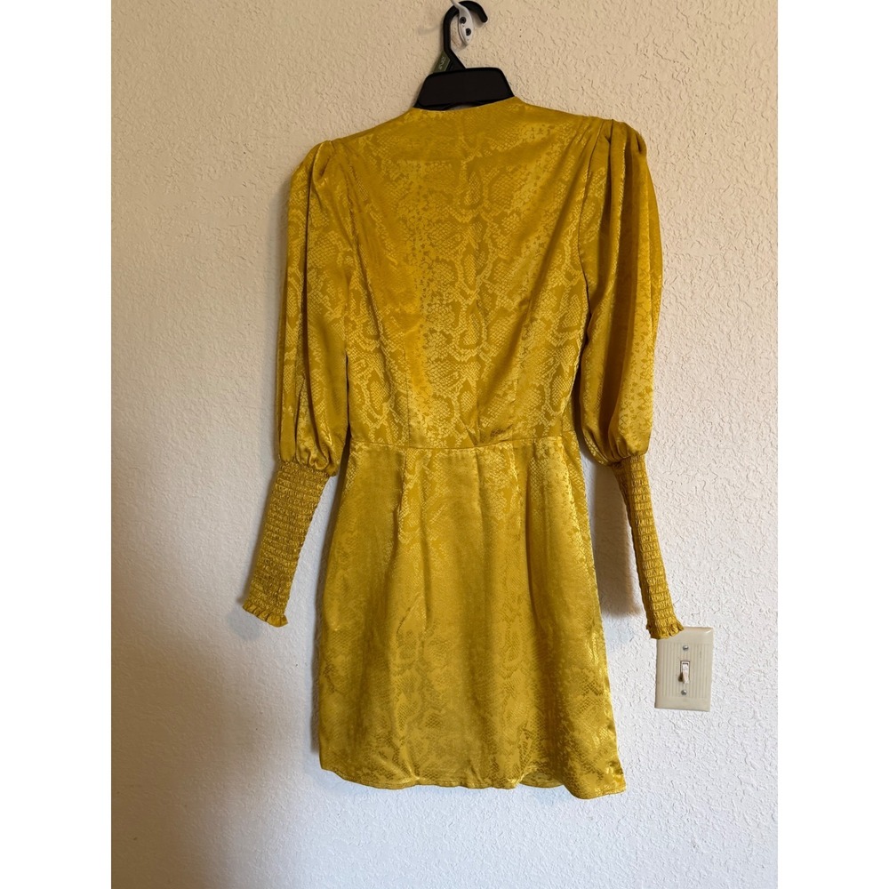 WAYF Womens Snakeskin Jacquard Mini Dress Mustard Yellow Puff Sleeve XS Glam - Picture 9 of 9
